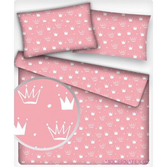 Dětská dekorační bavlněná látka vzor korunky bílé na růžovém