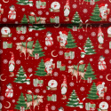 Vánoční bavlněná dekorační látka, metráž 160 cm, vzor sněhulák na červeném