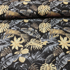 Tissu en coton au mètre, 125 g/m², largeur 160 cm, imprimé à feuilles sur fond noir
