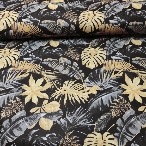 Bavlněná látka vzor Listy na černém