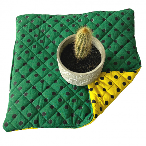Coussin d'assise 40x40x2cm Pois Noir sur Vert et Jaune