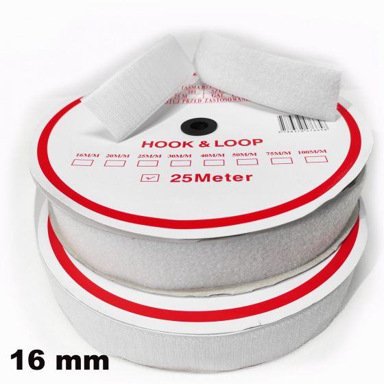 Pásek na suchý zip našívací Háček a Smyčka set, barva bílá 16 mm x 25 bm