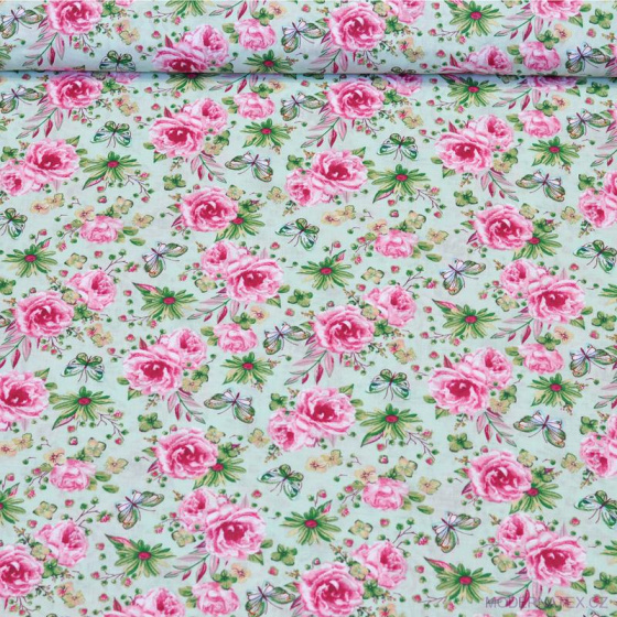 Dekorační dětská bavlněná látka vzor kytičky malé Růže na zeleném