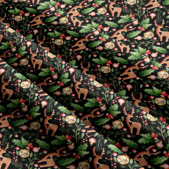Tissus en coton de Noël au mètre, 160 cm motif Cerf sur noir