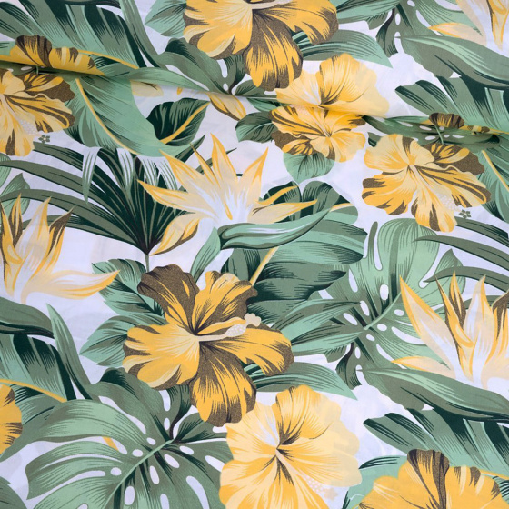 Dekorační bavlněná látka vzor Monstera zelená na bílém