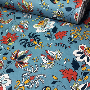 Tissu en coton au mètre, 125 g/m², largeur 160 cm, imprimé à fleurs sur fond bleu Tissu en coton au mètre, 125 g/m², largeur 160 cm, imprimé à fleurs sur fond bleu