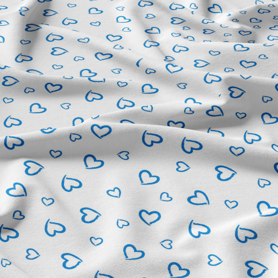 Tissu coton au métre couleur blanche, coeurs Bleu