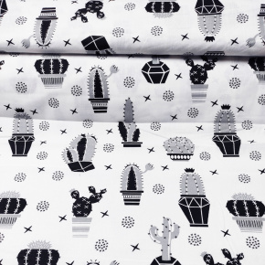 Tissu en coton au mètre, 125 g/m², largeur 160 cm, imprimé à cactus noir sur fond blanc