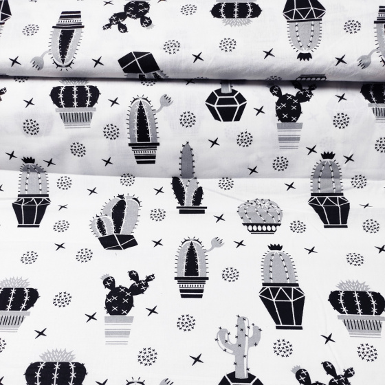 Dekorační dětská bavlněná látka vzor Kaktusy černé na bílém