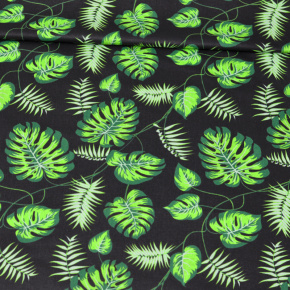 Tissu en coton au mètre, 125 g/m², largeur 160 cm, imprimé à palmes vertes sur fond noir