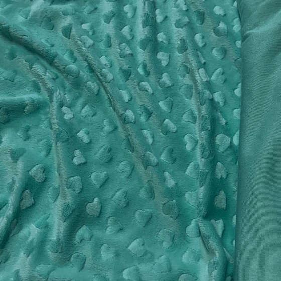 Tissu minky coeurs, 330 gr/m2, largeur 160 cm, menthol fonce