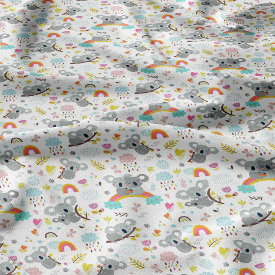 Tissu coton au métre imprimé Pandas sur arc-en-ciel couleur blanche