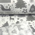 Vianočný vzor bavlnenej látky šedý na bielom, metráž 160 cm 