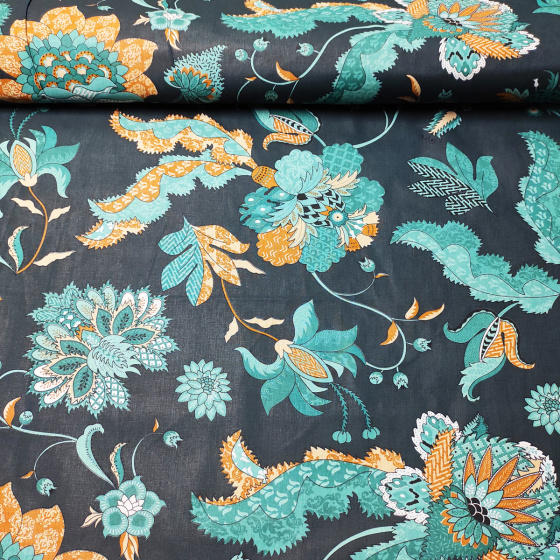 Bavlněná látka vzor Poviev žlutý, tmavozelený podklad