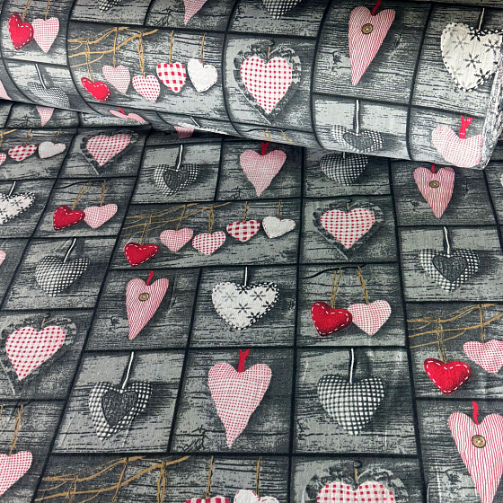 Dekorační bavlněná látka, metráž, Srdíčka na Šedém