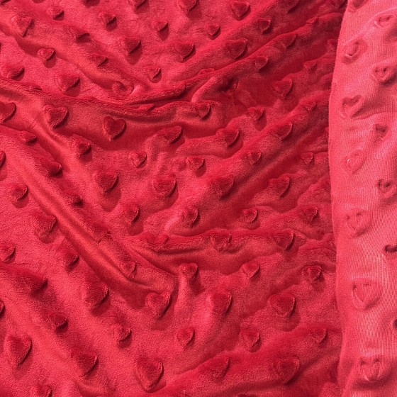 Tissu minky coeurs, 330 gr/m2, largeur 160 cm, rouge