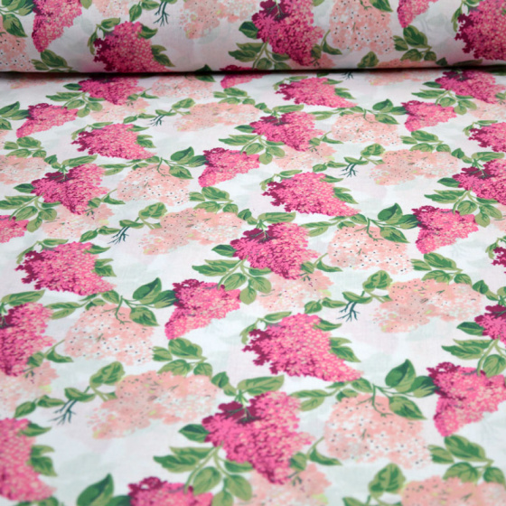 Dekorační dětská bavlněná látka vzor Větve šeříká růžové na bílém