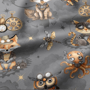 Tissu coton au métre imprimé Petits animaux, couleur Graphite