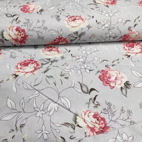 Tissu en coton au mètre, 125 g/m², largeur 160 cm, imprimé à fleurs sur fond gris Tissu en coton au mètre, 125 g/m², largeur 160 cm, imprimé à fleurs sur fond gris