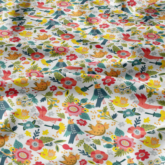 Tissu coton au métre imprimé Oiseaux de paradis couleur blanche