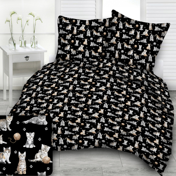 Bavlněné látky vzor Kočky a klubko na černém