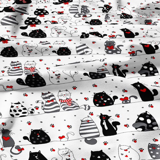 Tissu coton au métre imprimé Crazy Chat couleur blanche 