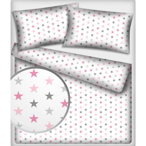 Dětská dekorační bavlněná látka vzor hvězdy růžové na bílém