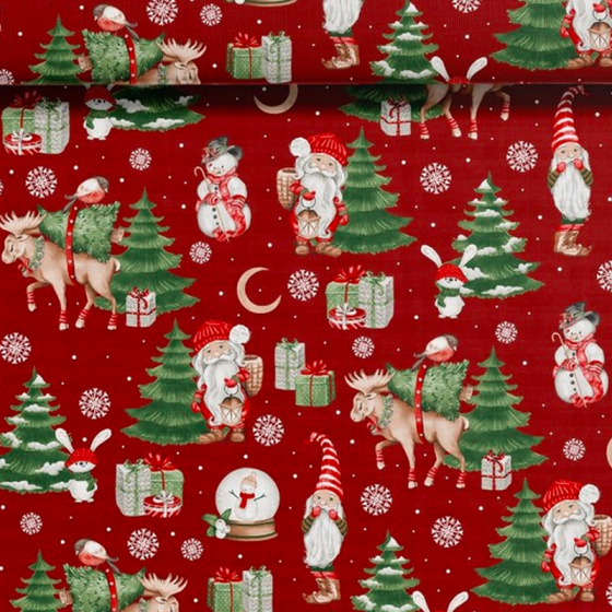 Tissus en coton de Noël au mètre, 160 cm motif Bonhomme de Neige rouge