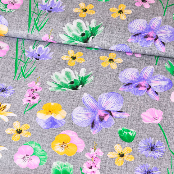 Dekorační dětská bavlněná látka vzor Lilie na šedém