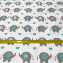 Tissu coton au métre couleur blanche eléphants et coeurs turquoise
