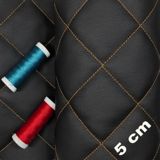 Ekokůže 5x5 barva Černá prošívaná Pomerančovými nitěmi, metráž, 145 cm