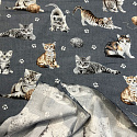 Bavlnená látka vzor čierne mini mačky na šedom podklade, metráž 160 cm 