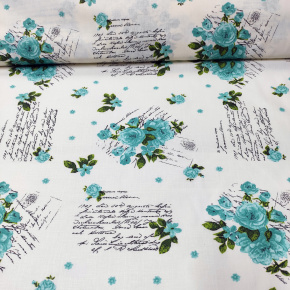 Tissu en coton au mètre, 125 g/m², largeur 160 cm, imprimé à fleurs turquoise Tissu en coton au mètre, 125 g/m², largeur 160 cm, imprimé à fleurs turquoise