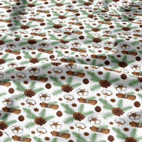 Tissus en coton de Noël au mètre, 160 cm motif Pommes de Pin sur blanc
