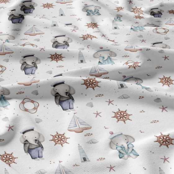 Tissu en coton motif éléphants et gouvernail sur blanc 690