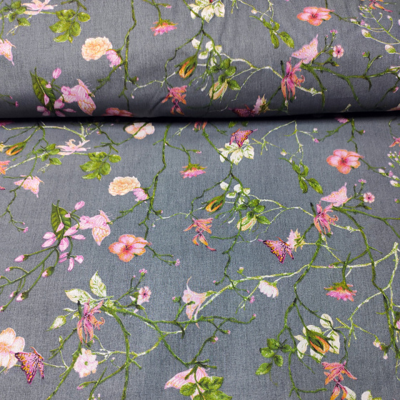 Dekorační dětská bavlněná látka vzor kytičky Pole na tm. Šedém