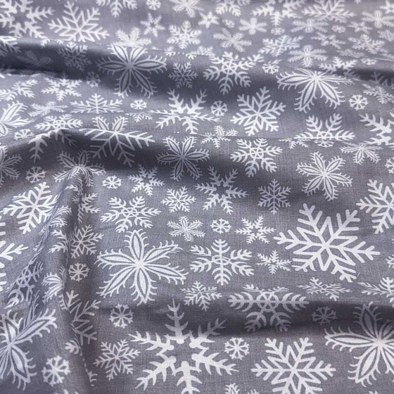 Christmas cotton fabric, by the meter, width 160 cm, White Snowflakes on Gray