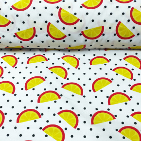 Tissu en coton au mètre, 125 g/m², largeur 160 cm, imprimé à pastèque sur fond blanc Tissu en coton au mètre, 125 g/m², largeur 160 cm, imprimé à pastèque sur fond blanc