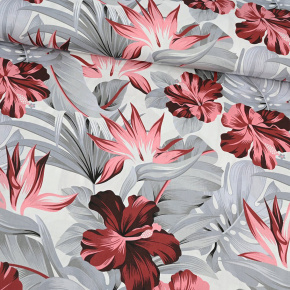 Tissu en coton au mètre, 125 g/m², largeur 160 cm, imprimé à monstera gris sur fond blanc