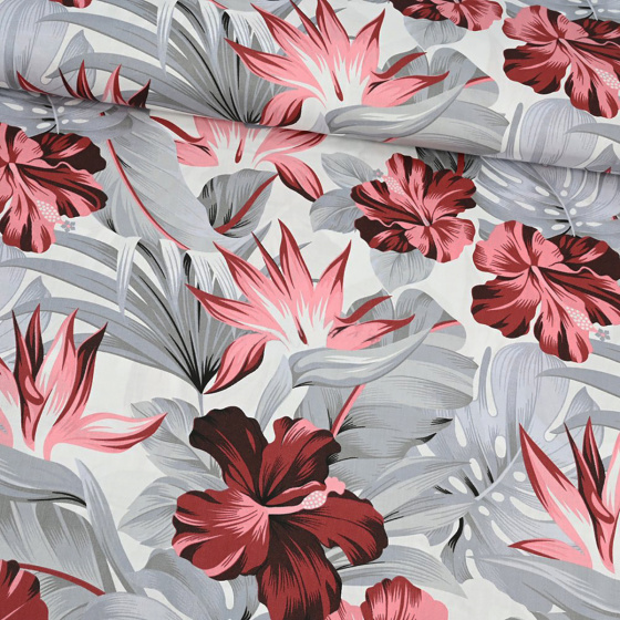 Dekorační bavlněná látka vzor Monstera šedá na bílém