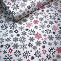 Vánoční bavlněná látka, metráž, šíře 160 cm, Sněhové vločky Černé a Červené na Bílém