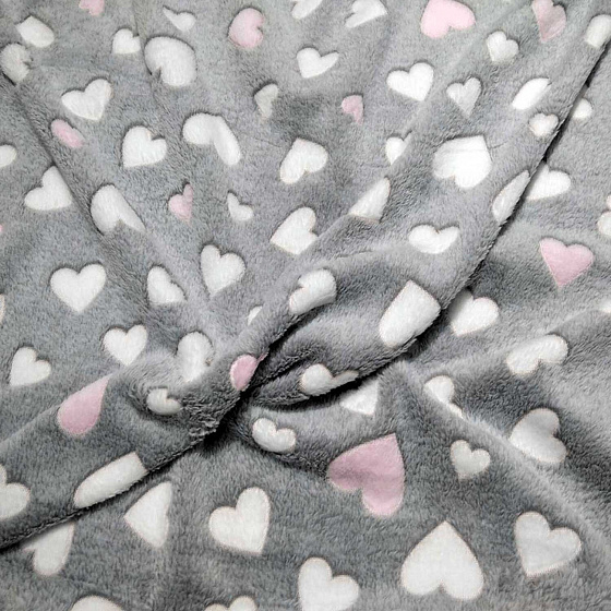 Tissu imitation fourrure d'agneau, 320 g/m², largeur 160 cm, gris au coeurs rose