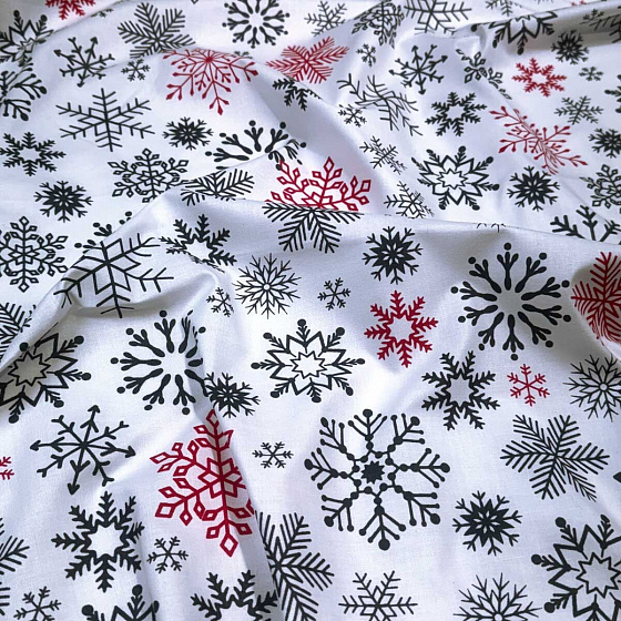 Christmas cotton fabric, by the meter, width 160 cm, Black and Red Snowflakes on White
