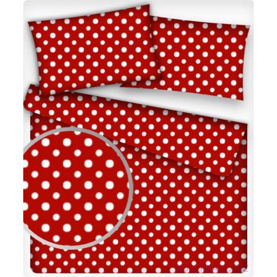 Dětské bavlněné látky vzor Puntík 7 mm bílý červený podklad, metráž