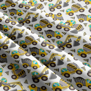 Tissu coton au métre imprimé Engins de chantier gris