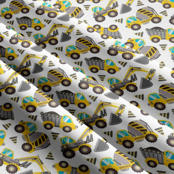 Tissu coton au métre imprimé Engins de chantier gris