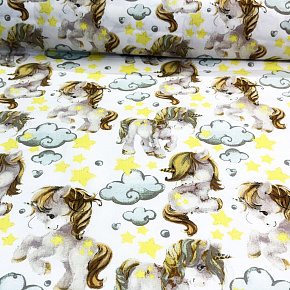 Tissu coton au métre imprimé Licorne gris couleur blanche