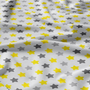 Tissu coton au mètre, 125 g/m², largeur 160 cm, imprimé Etoiles gris, jaune et blanche