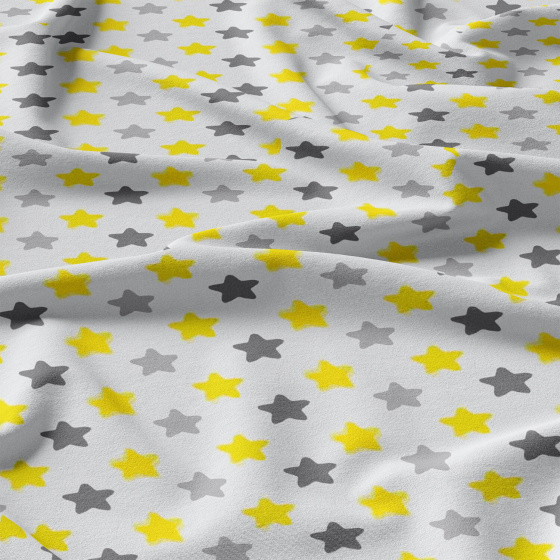 Tissu coton au mètre, 125 g/m², largeur 160 cm, imprimé Etoiles gris, jaune et blanche