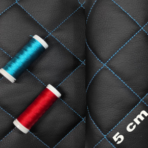 Simili cuir matelassé 5X5 cm, 540 g/m², largeur 145 cm, noir avec fil turquoise